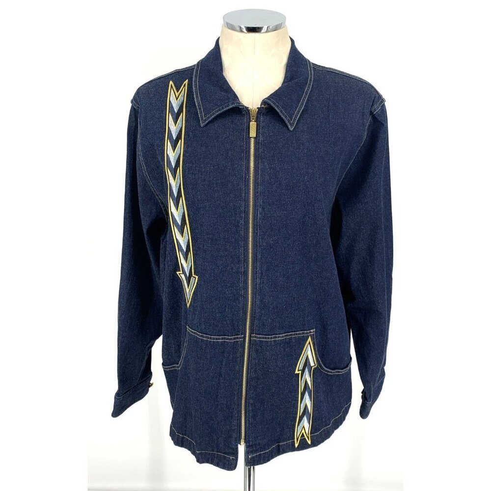 Bob Mackie Wearable Art Women's Jacket Denim Embroidered Arrows Sz XL